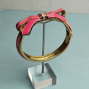 RIBBON BOW Enamel Hinge Bangle Bracelet Vibrant Pink Two Tone Fashion Statement